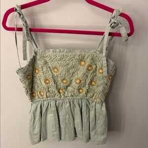 Anthropologie Sage Green Smocked Daisy Tie-Strap Camisole